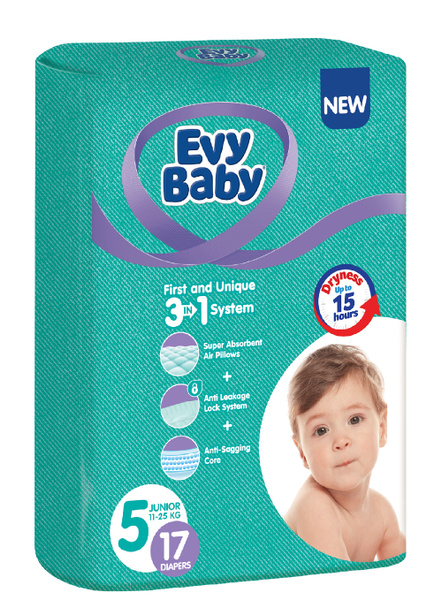 Детские подгузники Evy Baby Junior стандартные, размер 5, 17 шт для детей до 8 кг