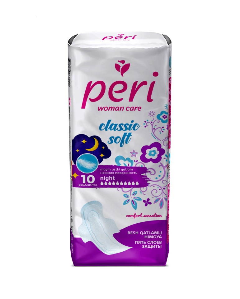 Гигиенические прокладки PERI Classic Soft для ночного использования 10 штук с хлопковым верхним слоем