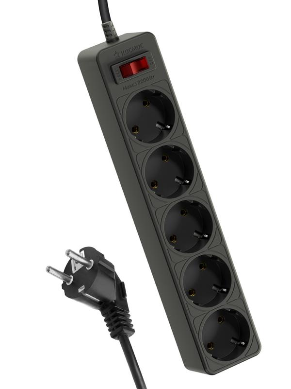 Сетевой фильтр КОСМОС с 5 гнездами, длина 3 метра, провод 3х0,75 мм , черный