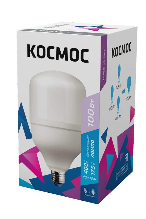 Светодиодная лампа КОСМОС HWLED 100W 220V E27 6500K с переходником на E40