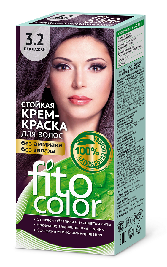 Краска для волос Fitocolor тон 3.2 баклажан 115 мл безаммиачная крем краска с натуральными ингредиентами