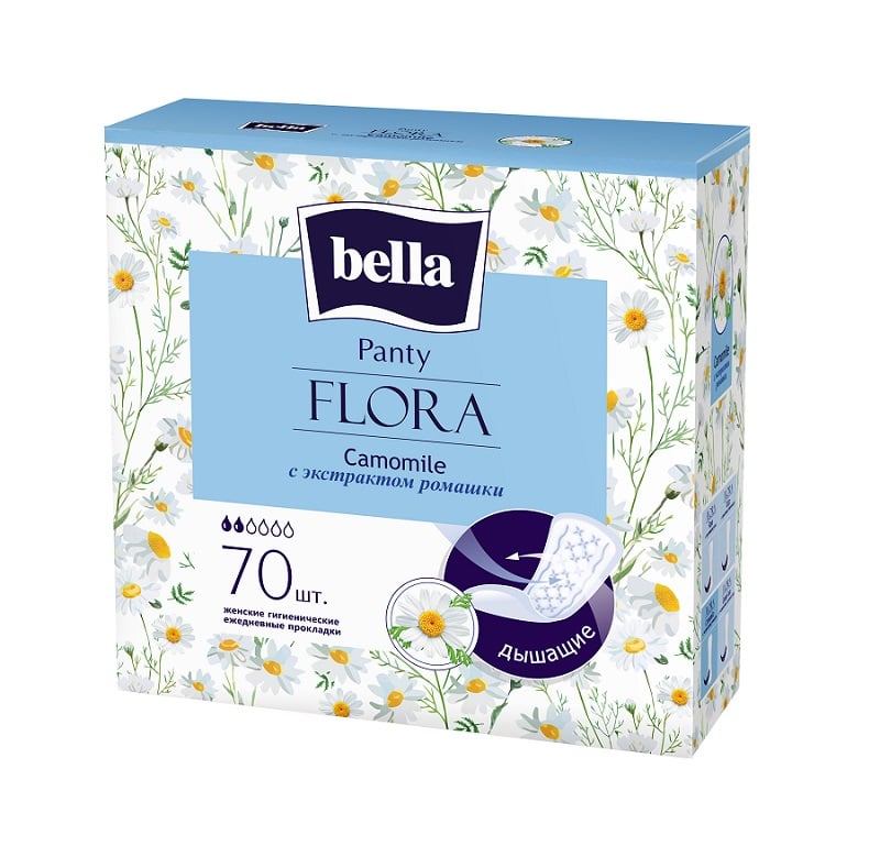 Ежедневные прокладки Bella Panty Flora с экстрактом ромашки, 70 штук, анатомическая форма, 3 мм толщиной