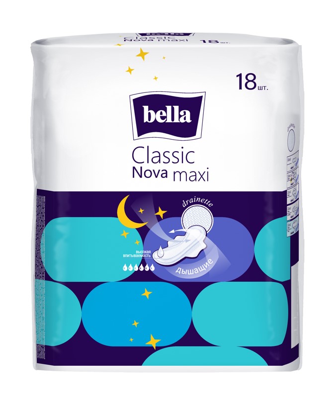 Гигиенические прокладки Bella Classic Nova Maxi для женщин, 18 штук, высокая впитываемость, 7 мм, с крылышками.
