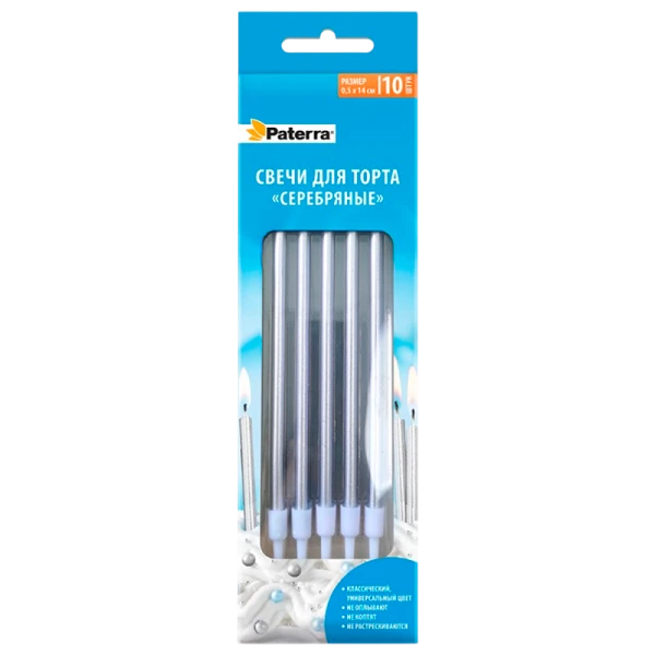 свечи для торта серебряные 10 штук в упаковке paterra