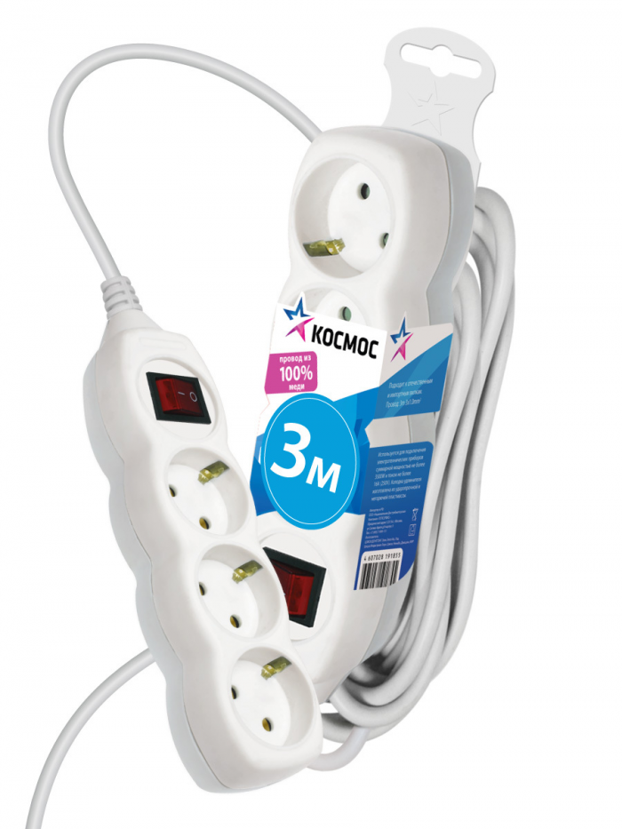 Удлинитель сетевой КОСМОС 3 метра, ПВС 3x1.5, 3 гнезда, с заземлением, с выключателем, 16А