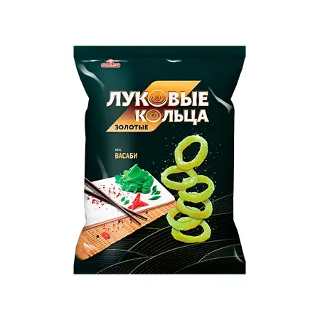 Снеки золотые хрустящие луковые кольца со вкусом васаби 90 грамм 10 штук
