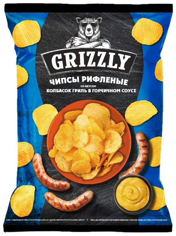 Чипсы рифленые grizzly со вкусом колбасок гриль в горчичном соусе 110 г